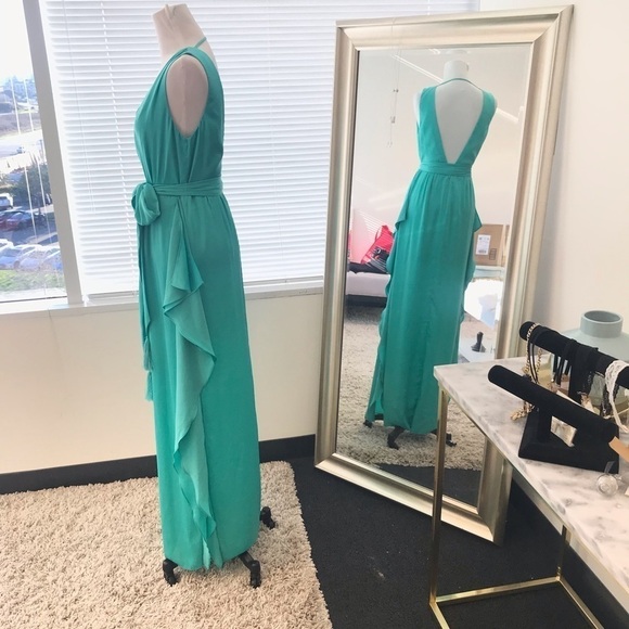 BCBGMAXAZRIA teal maxi dress silky ruffles size 4 - Picture 3 of 5